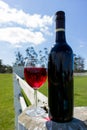 Red Wine Glass and Bottle on a White wooden Post and Rail Fence Royalty Free Stock Photo