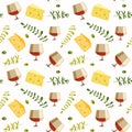 Red wine glass cheese flat vector seamless pattern