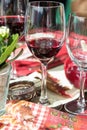 Red wine glass on the dining table