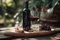 Red wine in glass, grape, cheese, wine bottle in cafe. illustration. Generative AI Royalty Free Stock Photo