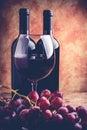 Red wine glass grapes and bottle Royalty Free Stock Photo