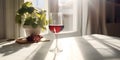 Red wine glass on a kitchen table. White light style. Romantic dinner sunny weather wineglass beverage alcohol holiday Royalty Free Stock Photo