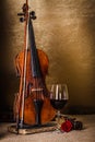 Red wine in glass and old violin Royalty Free Stock Photo