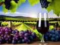 Red wine in a wine glass and ripe grapes on a wooden table. Generative Ai Royalty Free Stock Photo
