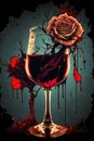 Red wine in glass with rose flower. Dripping and splashing liquid. Abstract, bloody Valentine concept. Wall art poster design. Ai