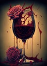 Red wine in glass with rose flower. Dripping and splashing liquid. Abstract, bloody Valentine concept. Wall art poster design. Ai