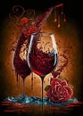 Red wine in glass with rose flower. Dripping and splashing liquid. Abstract, bloody Valentine concept. Wall art poster design. Ai