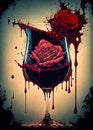 Red wine in glass with rose flower. Dripping and splashing liquid. Abstract, bloody Valentine concept. Wall art poster design. Ai