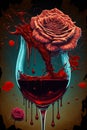 Red wine in glass with rose flower. Dripping and splashing liquid. Abstract, bloody Valentine concept. Wall art poster design. Ai