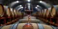 Red wine glass in rustic cellar with wooden barrels in background Royalty Free Stock Photo