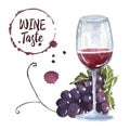 Red wine glass, vine branch and round wine stains. Watercolor hand drawn illustration Royalty Free Stock Photo