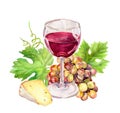 Red wine glass with vine leaves, cheese, grape berries. Watercolor Royalty Free Stock Photo