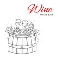 Red wine glass and white wine glass, grapes on wooden barrel vector