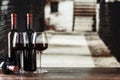 Red wine in glasses against the background of the cellar Royalty Free Stock Photo