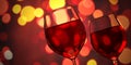 Red wine glasses against christmas lights bokeh background. 3d illustration Royalty Free Stock Photo