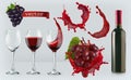 Red Wine. Glasses, Bottle, Splash, Grapes. Realistic Vector Icon Set
