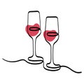Red wine glasses continuous line artistic illustration Royalty Free Stock Photo