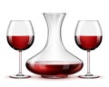 Red wine in glasses and decanter on white background