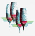 Red wine in wine glasses is seen withy lots of texture and grunge on a white background