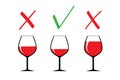 Red wine glasses silhouettes, beverage goblets.Alcohol drink icons on a white background.Simple logos.Right use concept.Correct