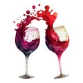 Red wine glasses splashing watercolor Illustration isolated on white. Generative AI Royalty Free Stock Photo
