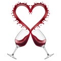 Red wine glasses toast with heart shaped splash