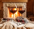 Ralaxation with a glass of wine before cozy fireplace.