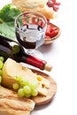 Red wine, grape, cheese, bread and sausages Royalty Free Stock Photo