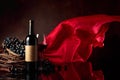 Red wine with grapes on a background of red flutters curtain Royalty Free Stock Photo