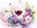 Red wine and grapes-Watercolor Royalty Free Stock Photo