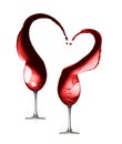 Red wine heart splash with two wineglasses isolated