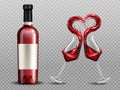 Red wine heart splash in wineglasses and bottle