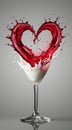 Red wine heart splashing into milk in martini glass on gray background Royalty Free Stock Photo