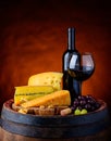 Red Wine, Morbier and Emmental Swiss Cheese Royalty Free Stock Photo