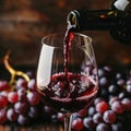 red wine pouring from bottle into glass with old wooden barrel as background at the winery Royalty Free Stock Photo