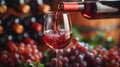 red wine pouring from bottle into glass with old wooden barrel as background at the winery Royalty Free Stock Photo