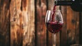 red wine pouring from bottle into glass with old wooden barrel as background at the winery Royalty Free Stock Photo