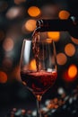 Red wine pouring in glass on red background with bokeh. Glass of wine with bottle. Drink for celebrating, date, family dinner, Royalty Free Stock Photo