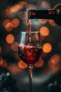 Red wine pouring in glass on red background with bokeh. Glass of wine with bottle. Drink for celebrating, date, family dinner, Royalty Free Stock Photo