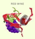 Red wine. Realistic bunch of blue grapes, glass of wine, stream of red liquid