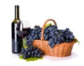 Red wine and ripe blue grape in basket