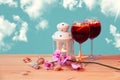 Red wine sangria in glasses, burning lantern, starfish, seashells and branch of orchid on wooden table Royalty Free Stock Photo