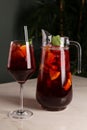 Sangria with red wine in glass and pitcher Royalty Free Stock Photo