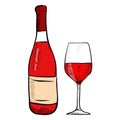 Red wine set. Bottle and glass. Hand drawn colored sketch. Vector illustration isolated on white background. Royalty Free Stock Photo