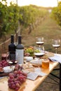 Red wine and snacks served for picnic on wooden table outdoors Royalty Free Stock Photo