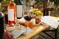 Red wine and snacks served for picnic on wooden table outdoors Royalty Free Stock Photo