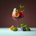 Red wine spanish traditional fruity sangria gourmet cocktail drink on trendy colorful background, copy space for text. Red summer Royalty Free Stock Photo