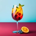 Red wine spanish traditional fruity sangria gourmet cocktail drink on a trendy colorful background, copy space for text. Red Royalty Free Stock Photo