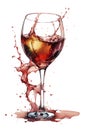 Red wine splashing out of a glass, isolated on white background. Watercolor illustration Royalty Free Stock Photo