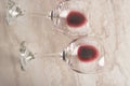 Red wine in transparent wine glasses on a betton background. Bojole nouveau, wine bar, winery, winemaking, wine tasting concept, Royalty Free Stock Photo